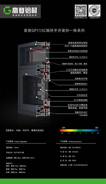 十大网投靠谱平台(中国)网络有限公司GP115C隔热平开窗纱一体系列